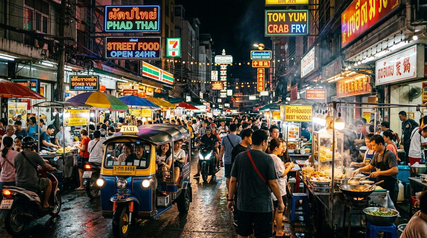 Rua iluminada e animada em Bangkok