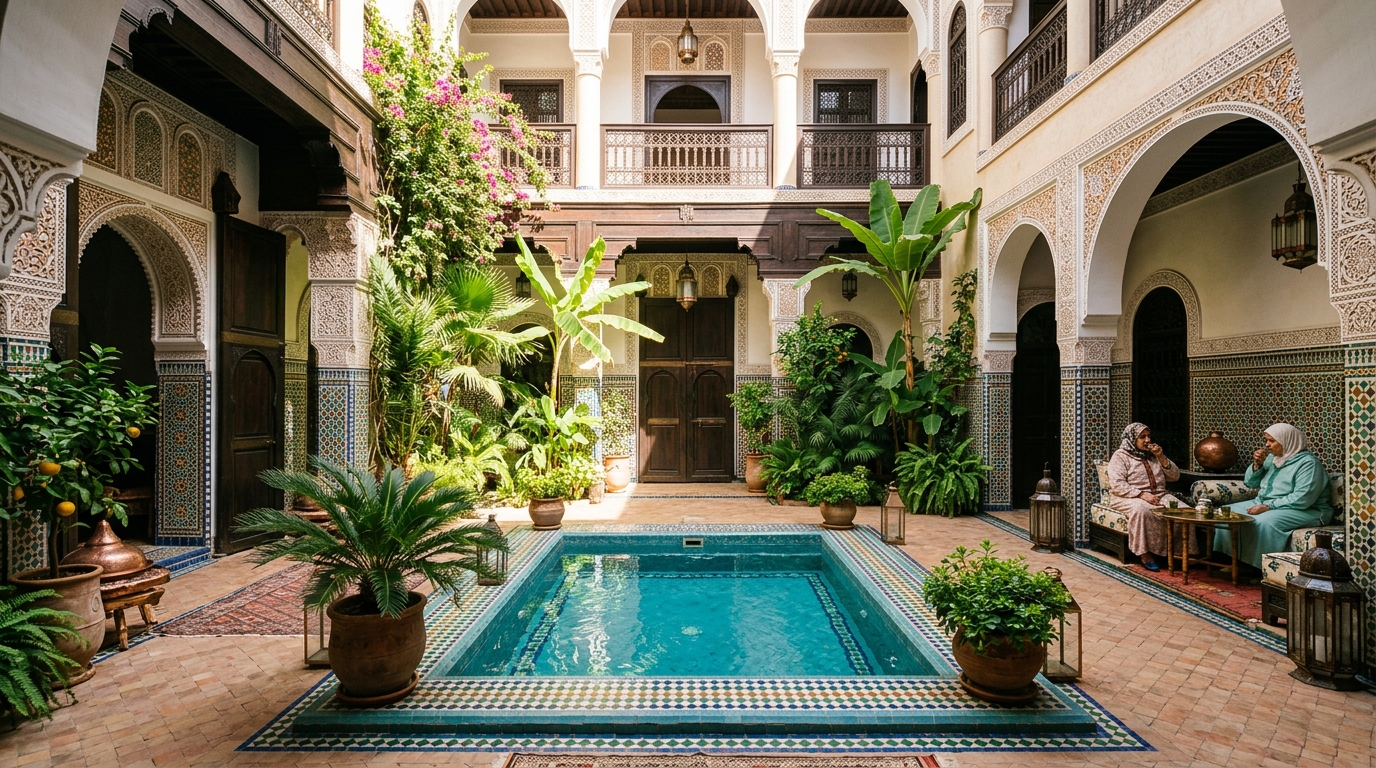 Pátio tradicional de um Riad em Marraquexe